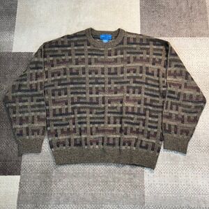 Towncraft Mens XL Geometric Knit Sweater Brown Abstract Crewneck 90s Vintage